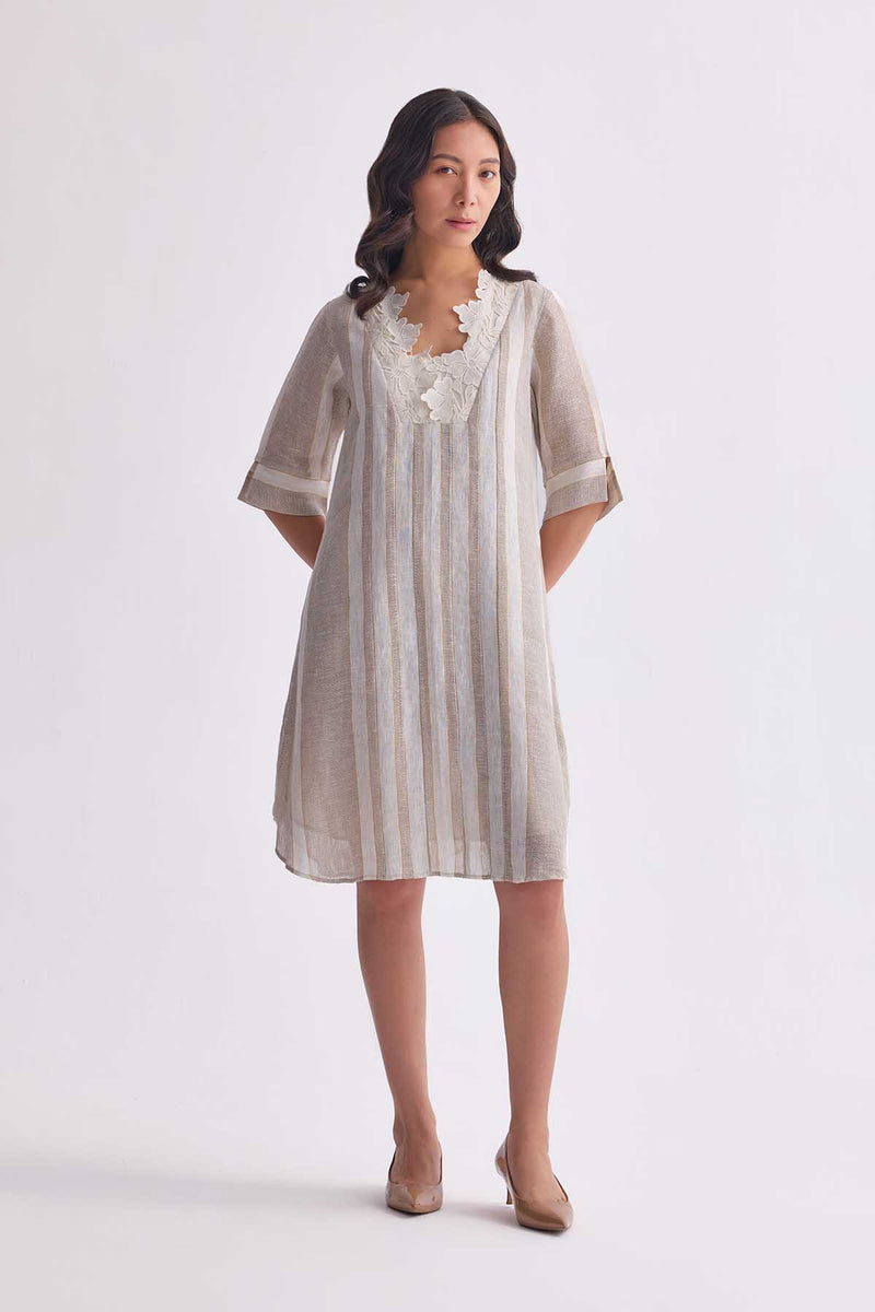 The Lishitha Beige Stripe Linen Dress