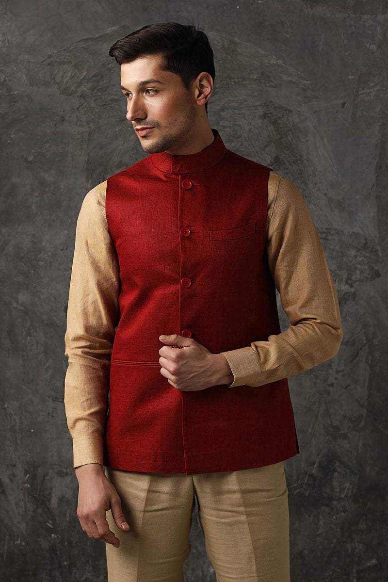 The Jaunty Maroon Linen Nehru Jacket
