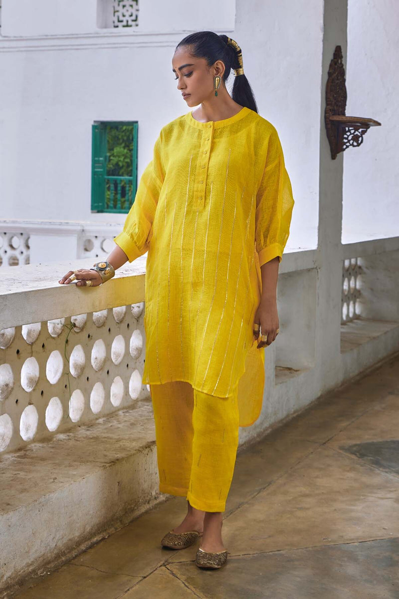 The Jhilmil Yellow Linen Gauze Gota Work Co-ord Set