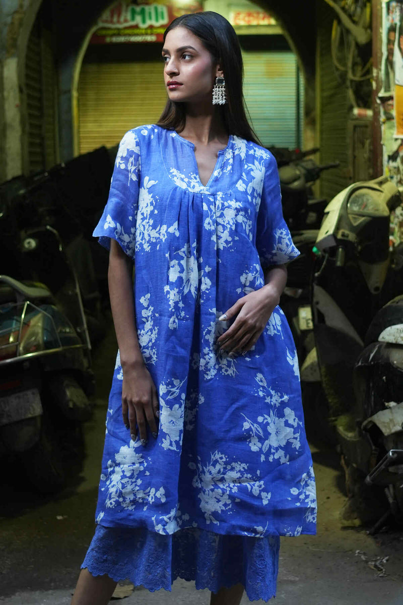 La Romanza Blue Print Linen Dress