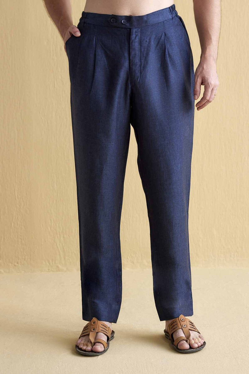 Lazy Leg Dark Blue Linen Pyjamas