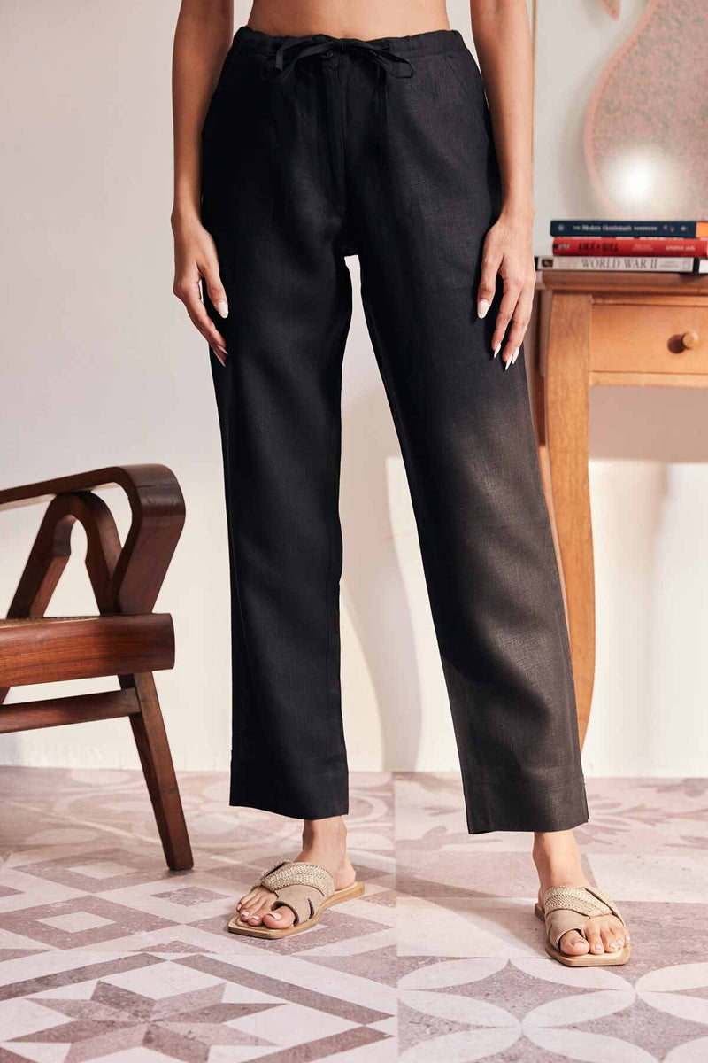 The Lucid Black Drawstring Linen Tapered Pants
