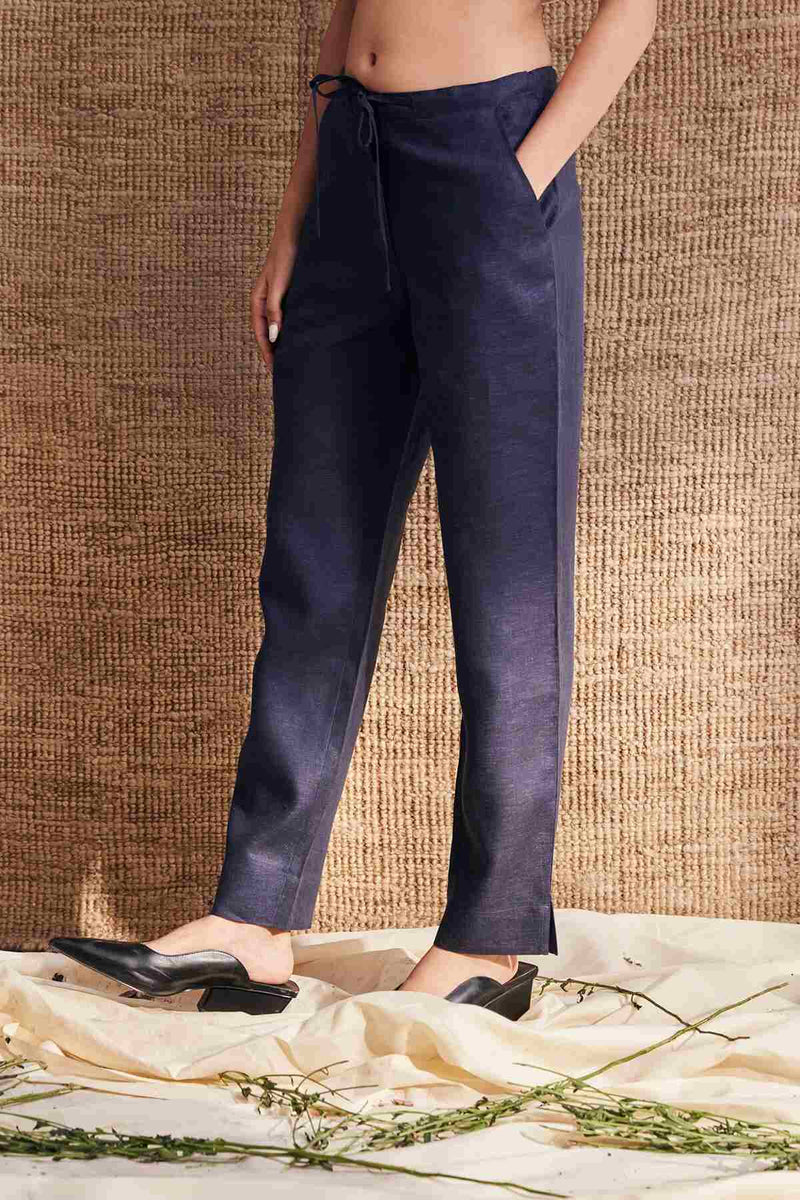 The Lucid Dark Blue Drawstring Linen Tapered Pants
