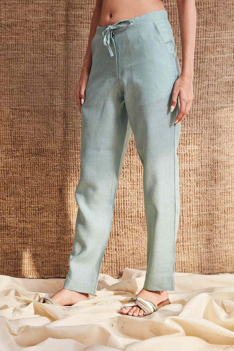 The Lucid Sea Green Drawstring Linen Tapered Pants