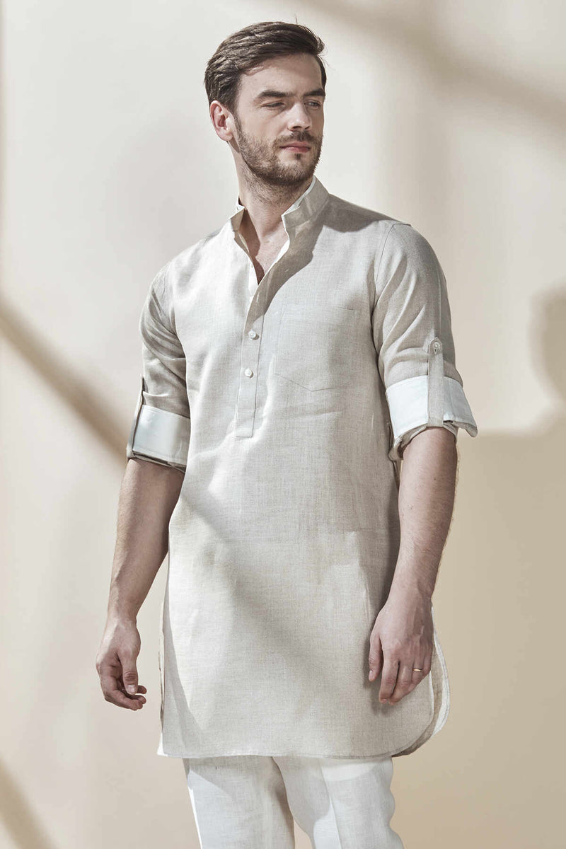 Mandarin Traditional Vibe Beige Linen Kurta