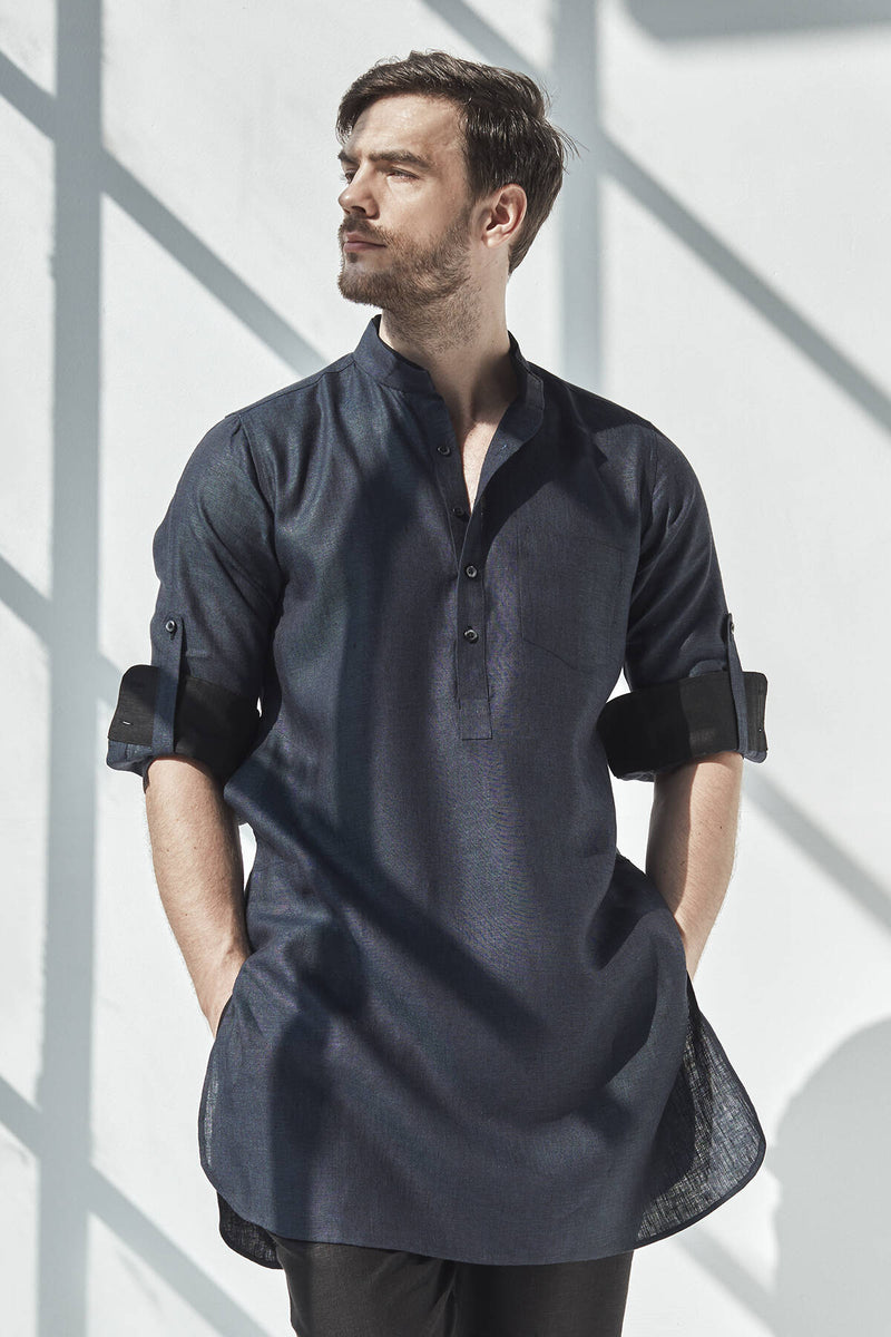 Mandarin Traditional Vibe Dark Blue Linen Kurta