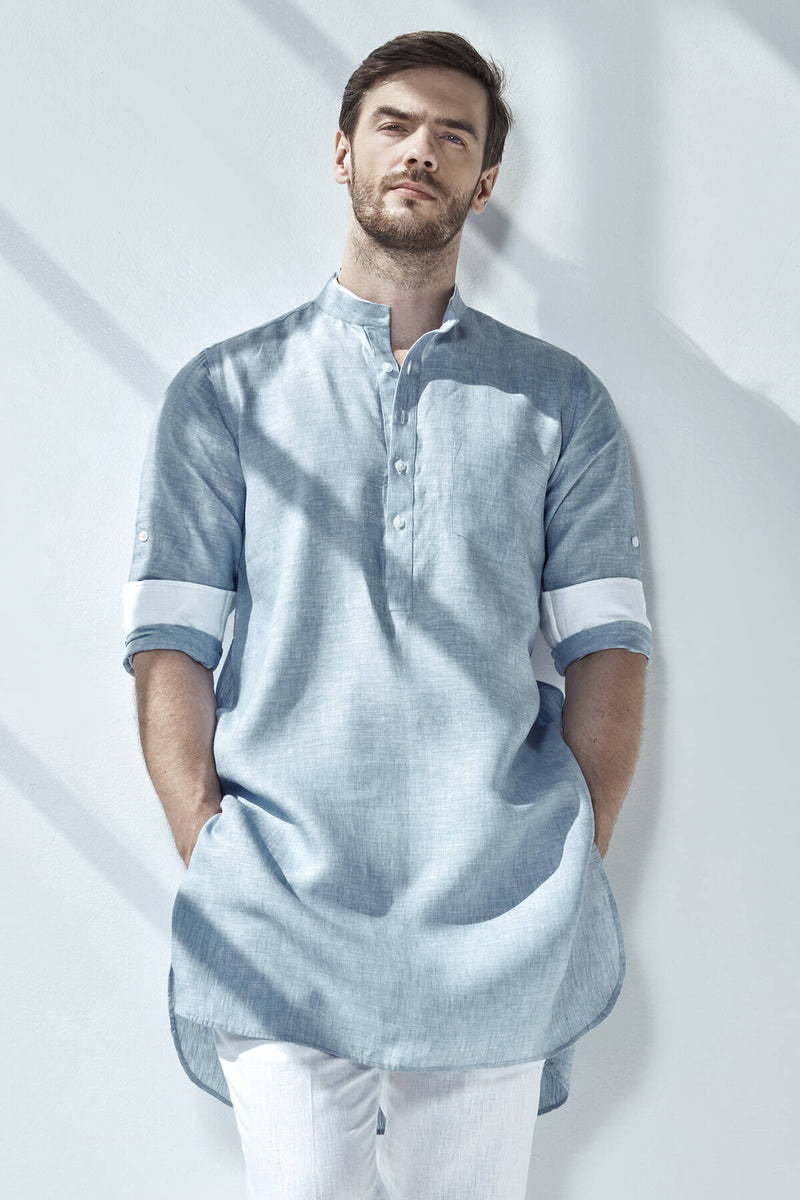 Mandarin Traditional Vibe Light Blue Linen Kurta