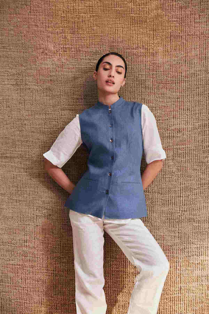 The Nifty Atlantic Blue Linen Nehru Jacket