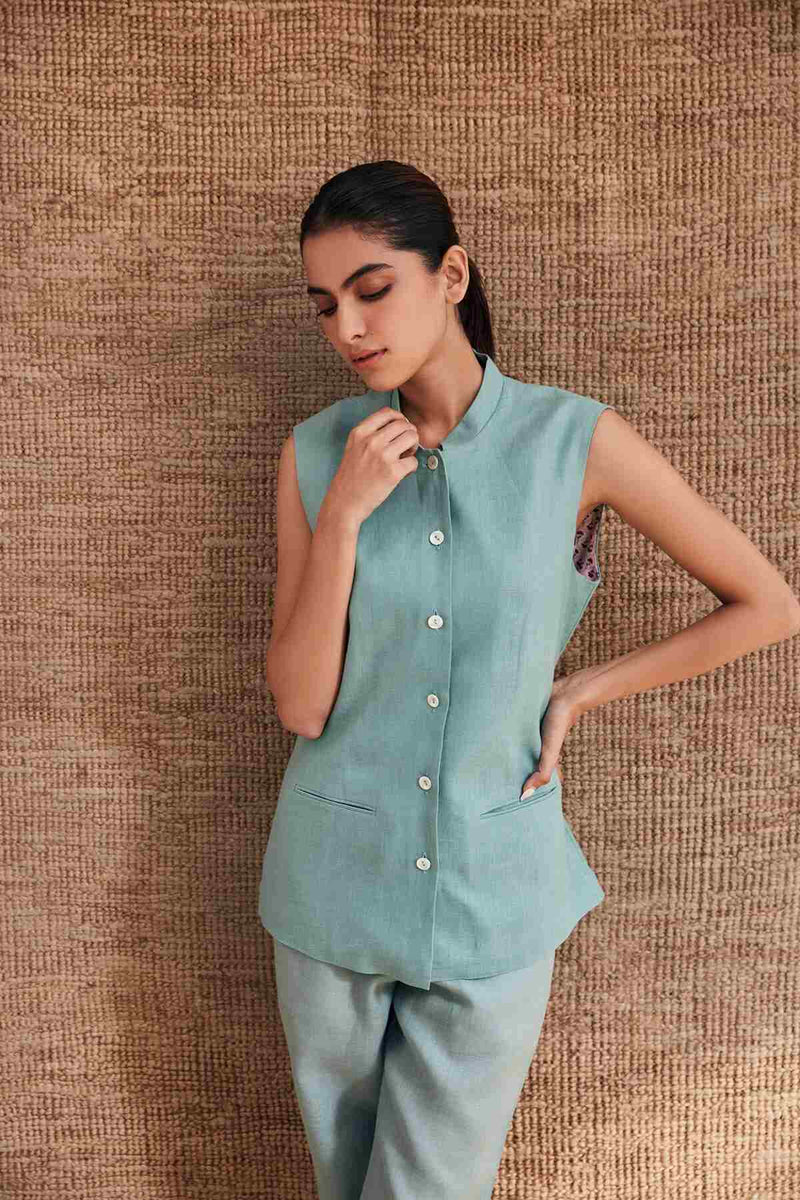 The Nifty Sea Green Linen Nehru Jacket