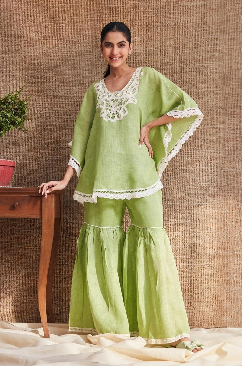 Obsessed With Me Light Green Lace Border Handcrafted Linen Cape