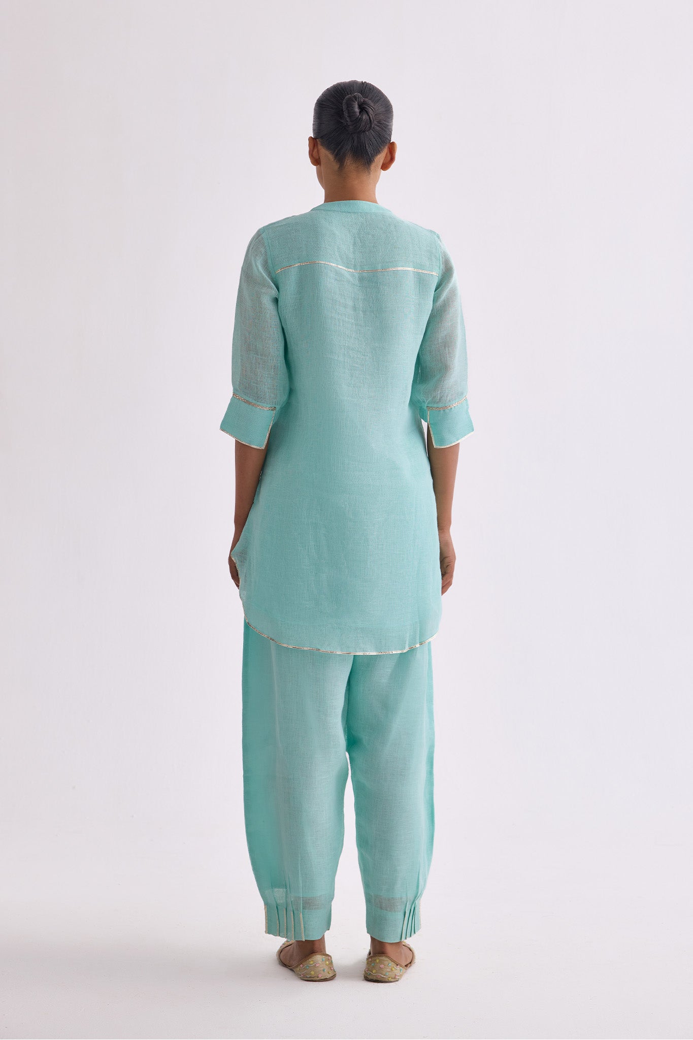 Patola Poise Linen Kurta Set -  Aqua Blue