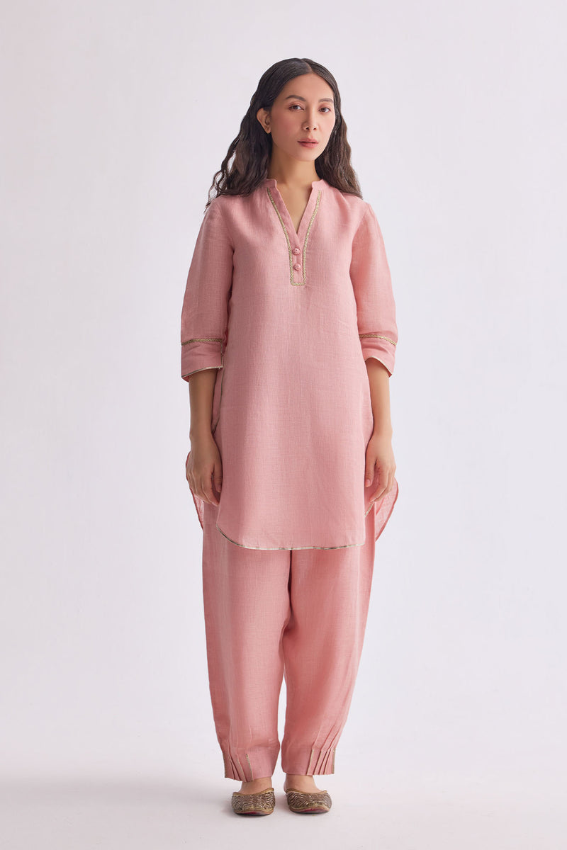 Patola Poise Dark Peach Linen Kurta Set