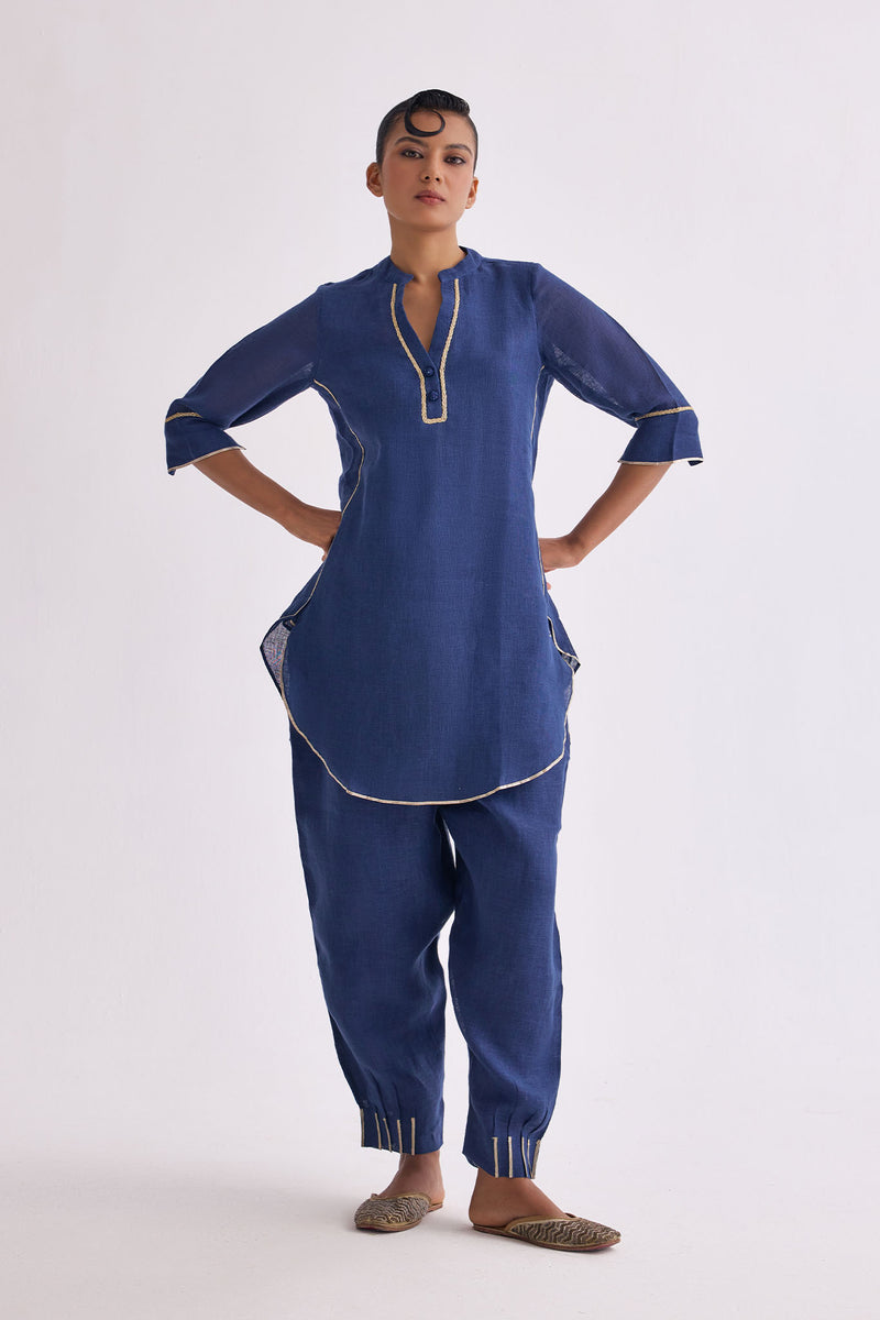 Patola Poise Navy Blue Linen Kurta Set