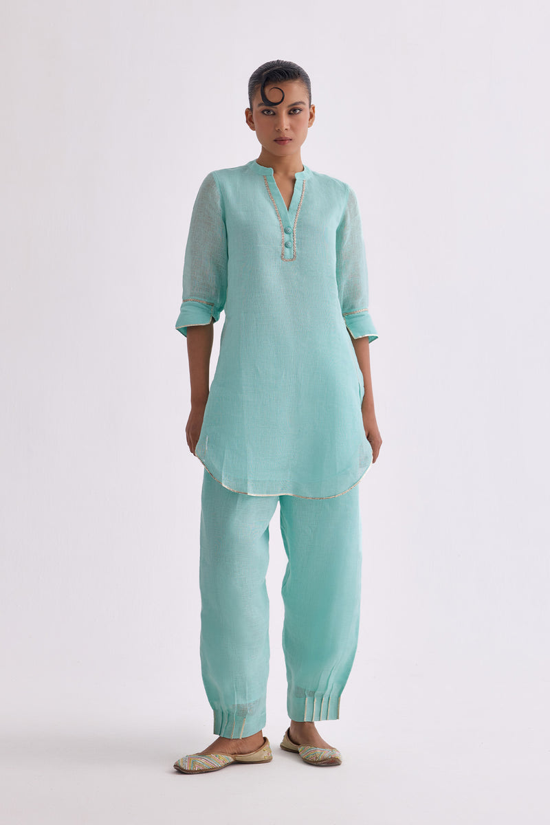 Patola Poise Aqua Blue Linen Kurta Set