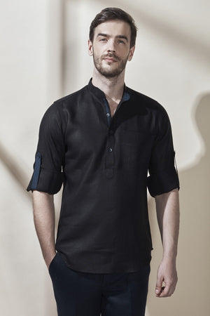 Shiny Black Short Linen Kurta