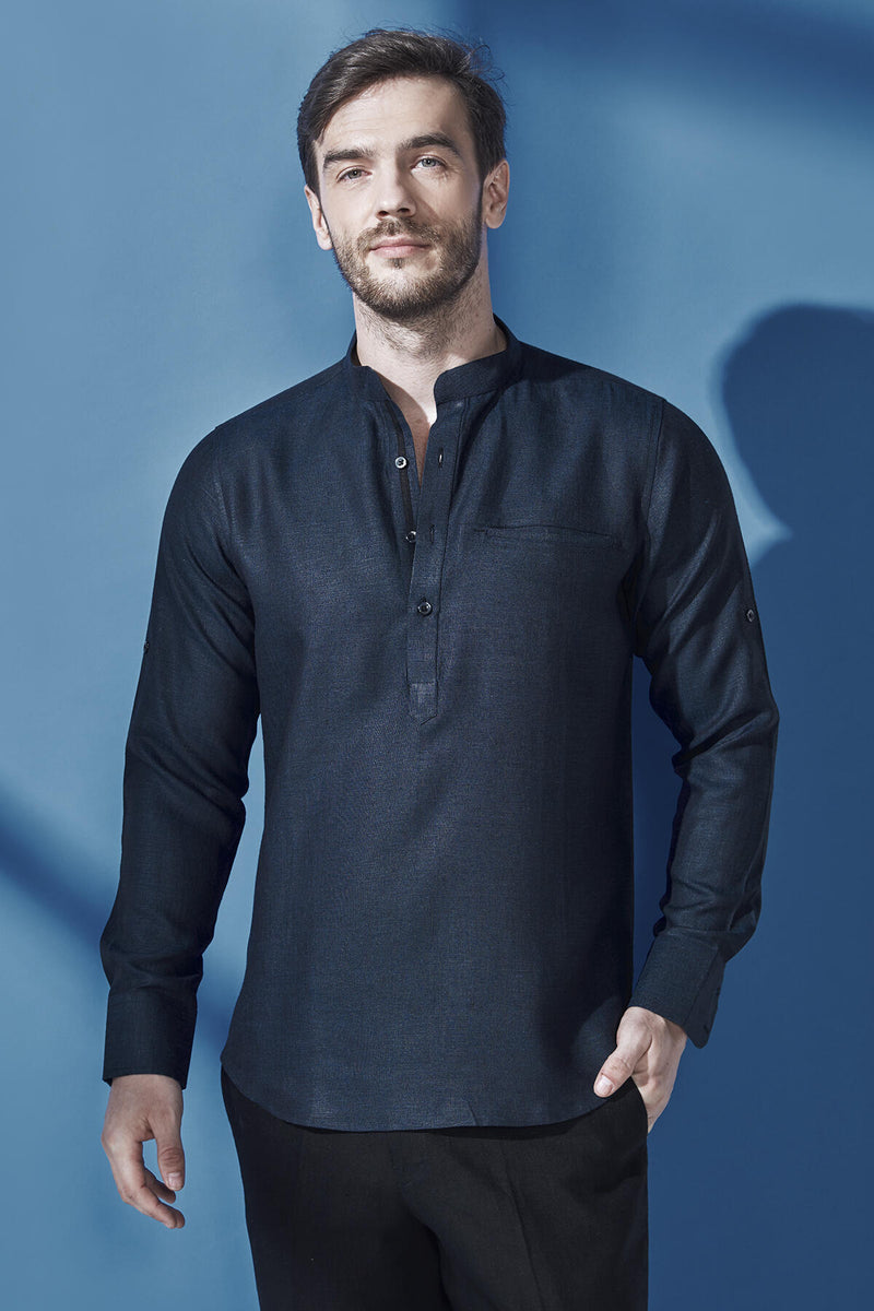 Shiny Dark Blue Short Linen Kurta