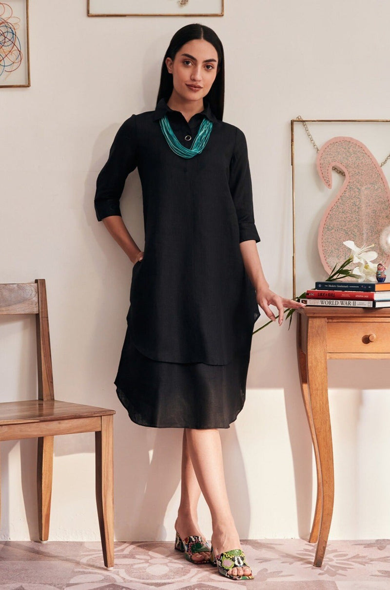 Splendid Black Double Layer Linen Dress