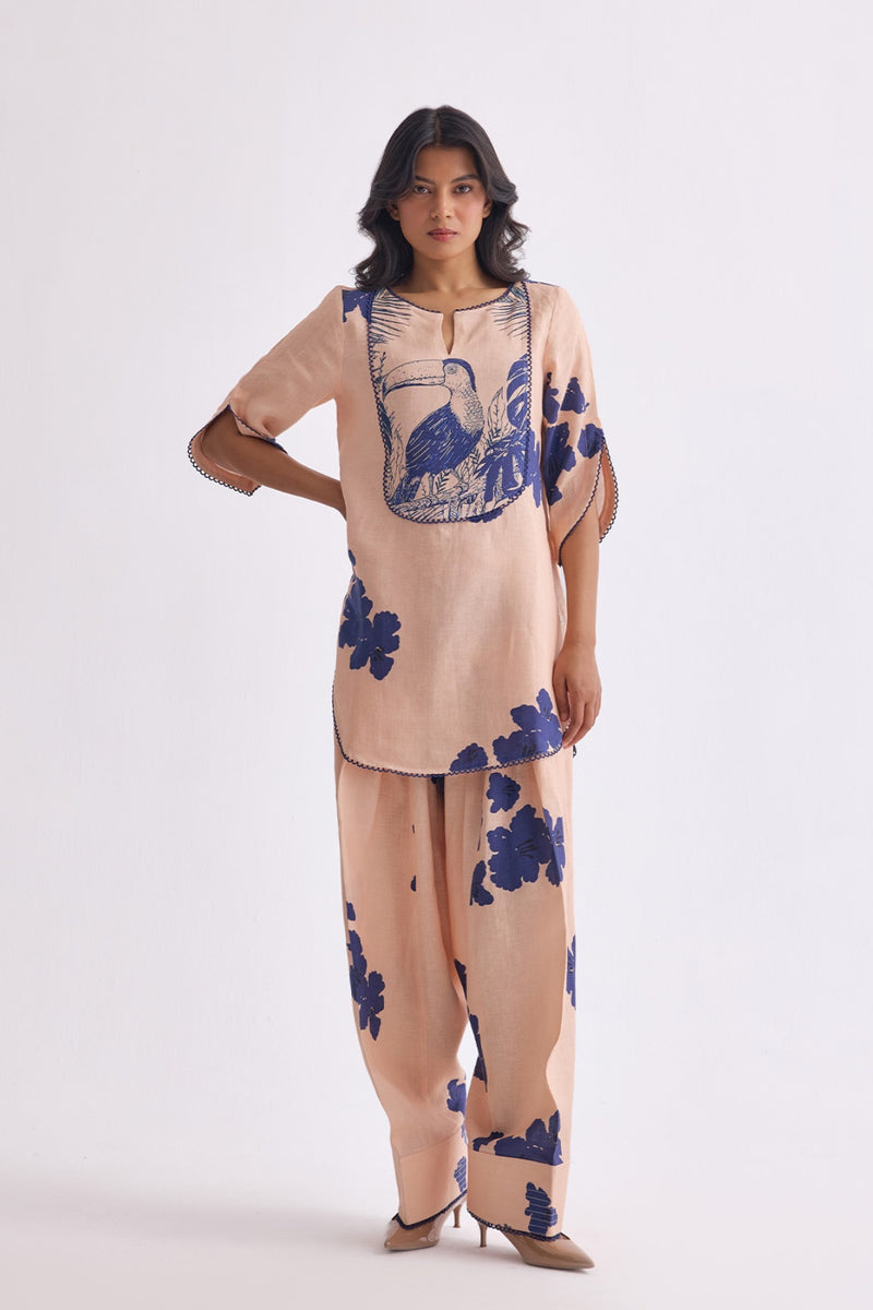 The Vanya Peach Print Linen Kurta Set