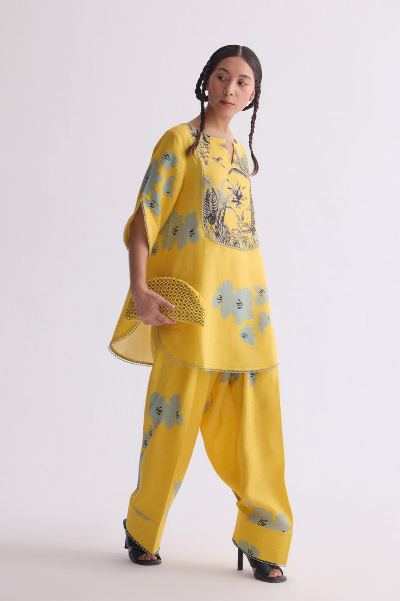 The Vanya Linen Kurta Set - Yellow Print