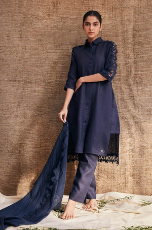 The Alora Navy Blue Linen Kurta