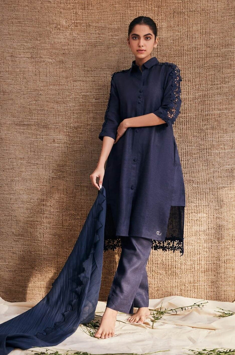 The Alora Navy Blue Linen Kurta