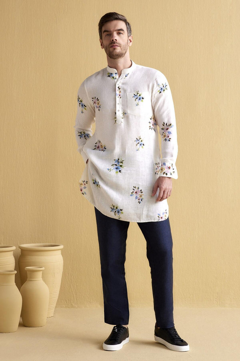 The Arlo White Bloom Ikat Linen Kurta