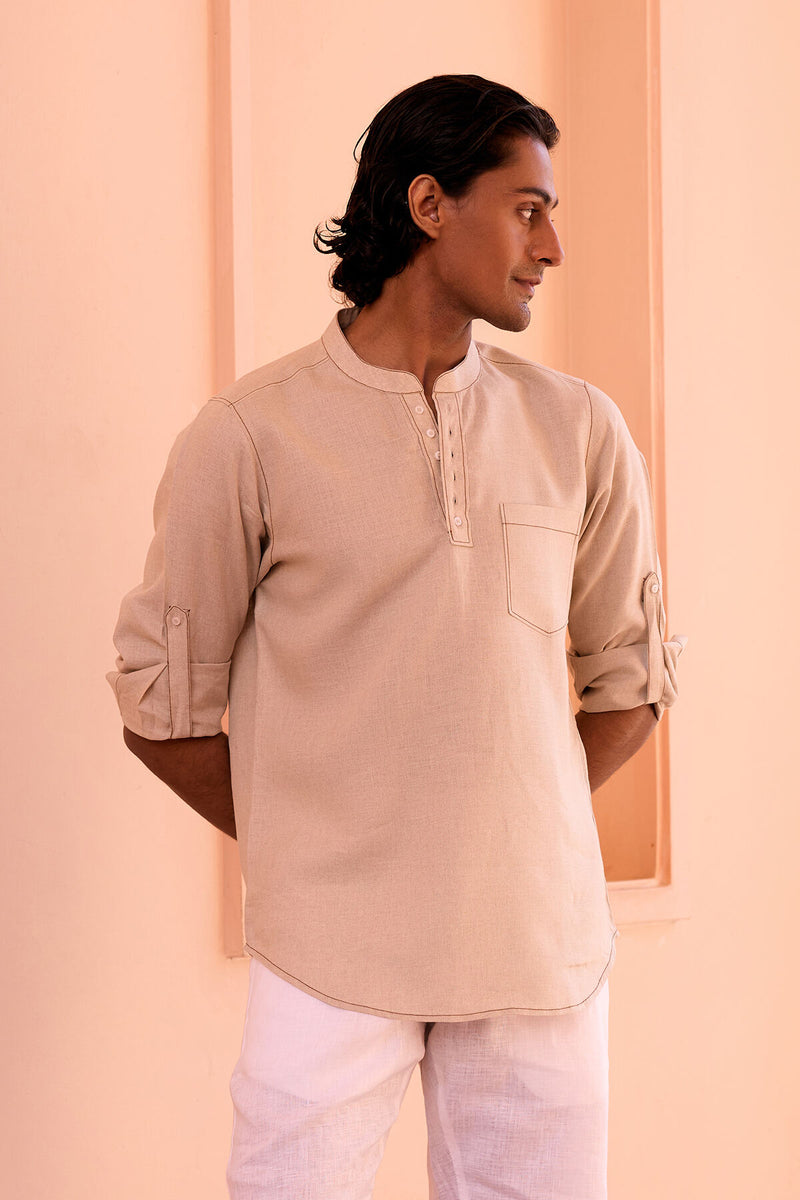 The Arnit Beige Short Linen Kurta