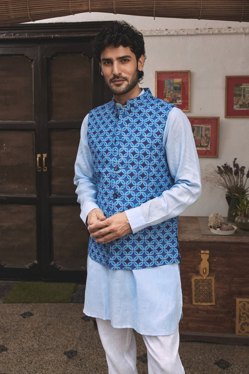 The Asmaani Indigo Tiles Linen Nehru Jacket