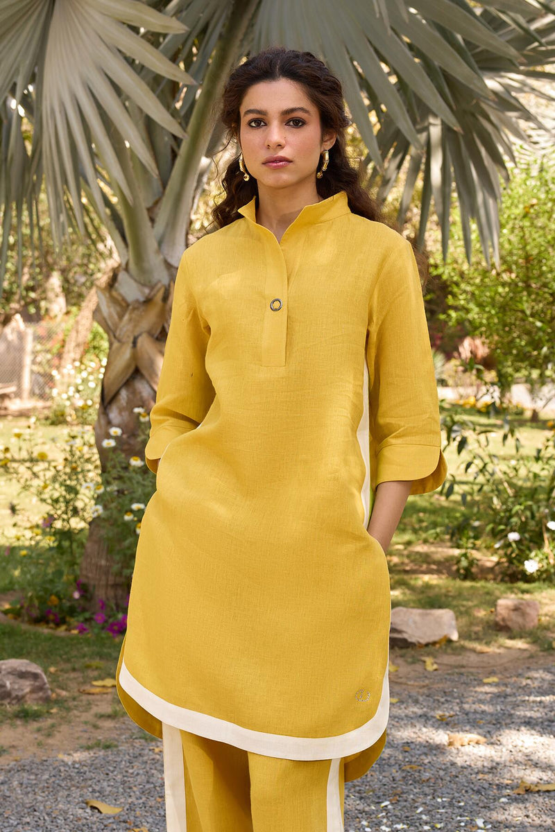 The  Bryony Yellow Solid Linen Kurta