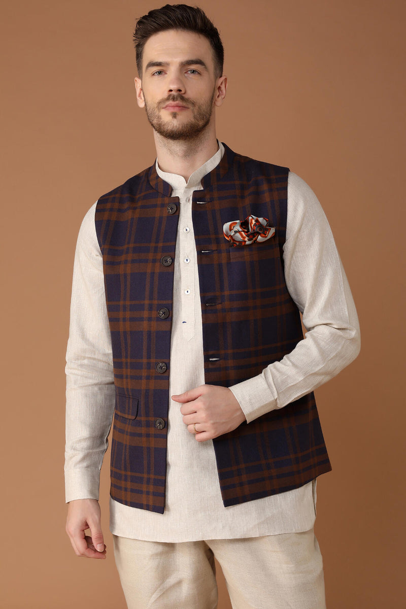 The Cadoc Brown Blue Wool Check Linen Nehru Jacket