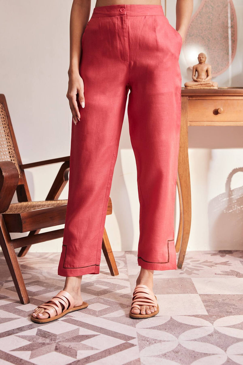 The Cerie Pink Linen Tapered Pants with Lace Detail