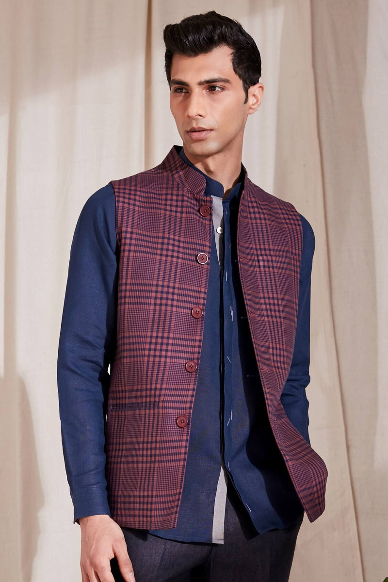 The Doppelganger Wine Check Linen Nehru Jacket
