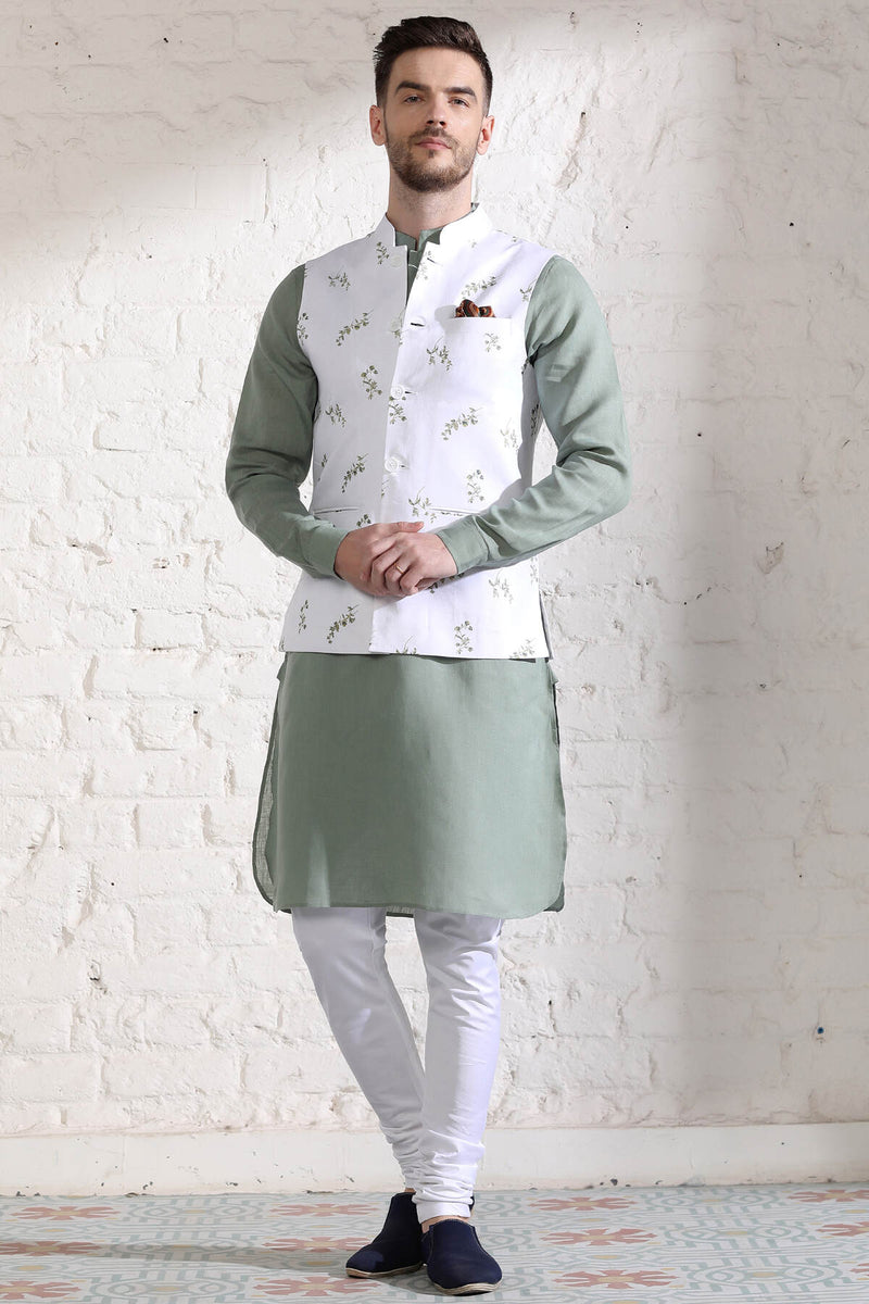 The Epiroy White Leaf Print Linen Nehru Jacket