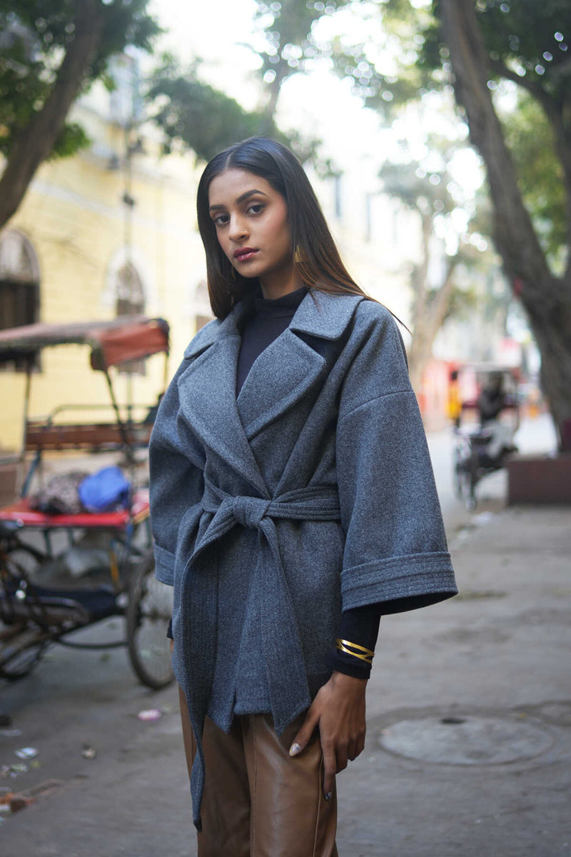 The Frost Luxe Grey Ink Knitted Wrap Coat