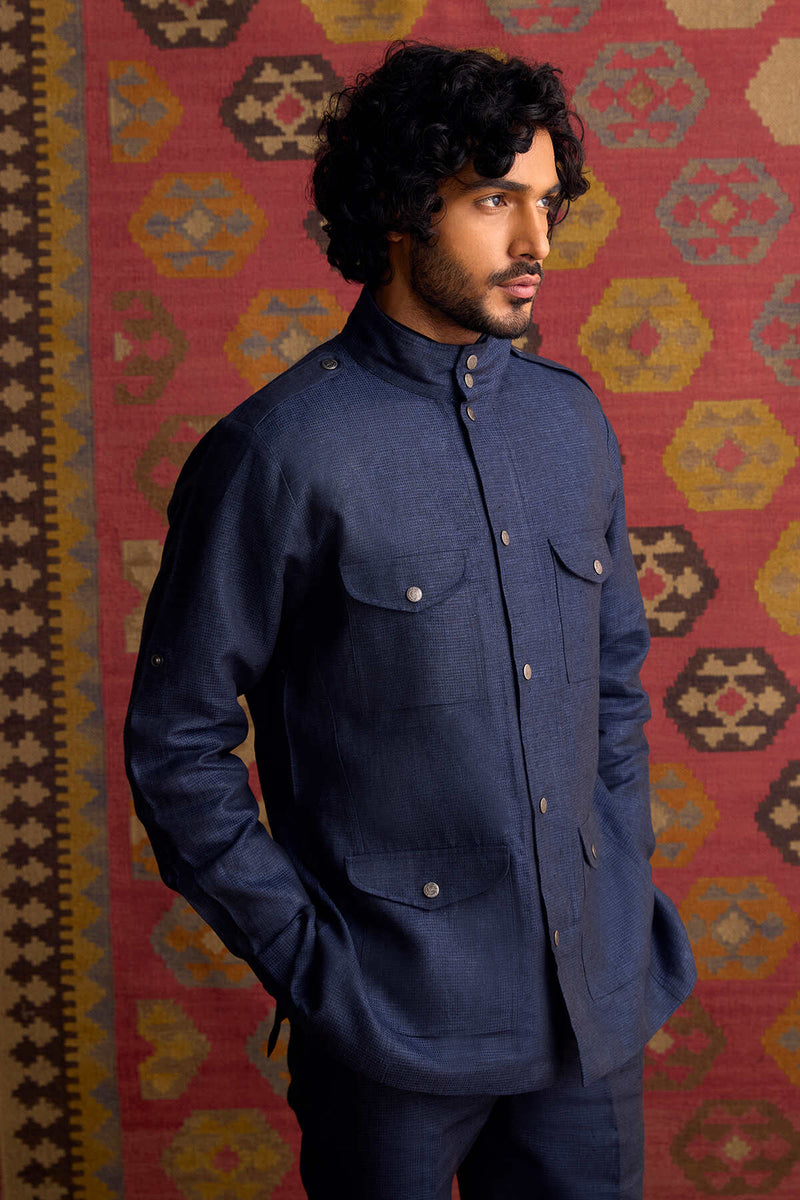 The Gallant Navy Blue Linen Safari Jacket