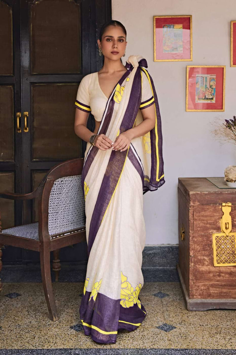 The Golnar Lime Floral Handcrafted Linen Saree