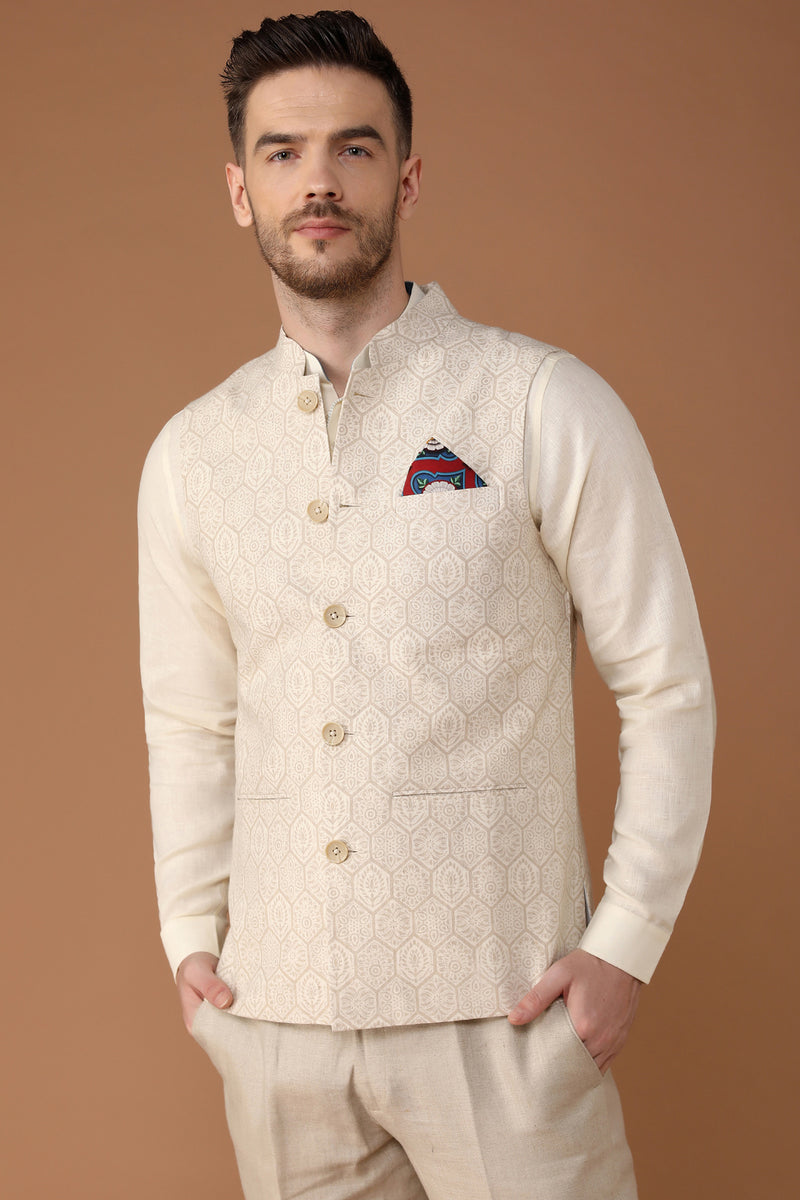 The Heritage Banaras Natural Honey Comb Linen Nehru Jacket