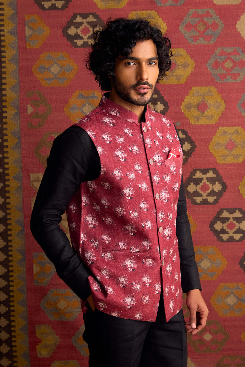 The Jahaan Red Print Nehru Jacket