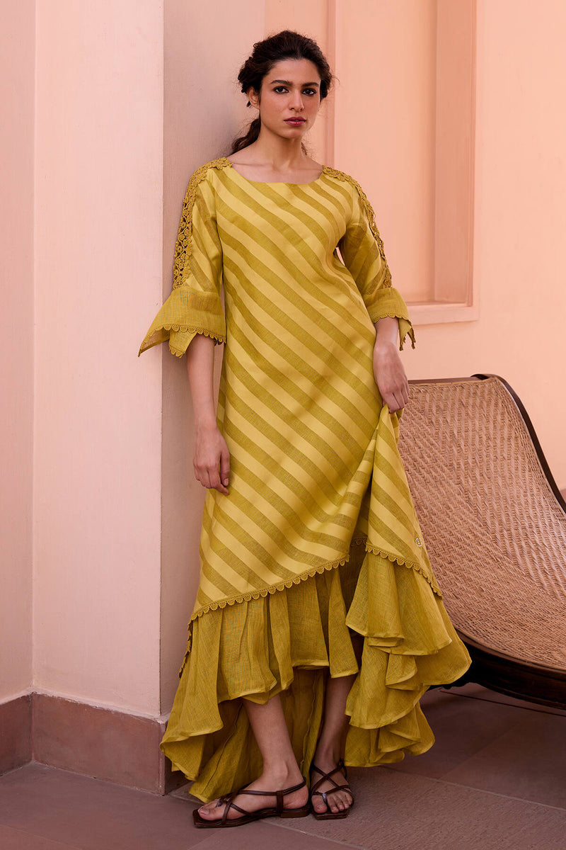 The Jazmin Mehndi Green Stripe Gauze Dress
