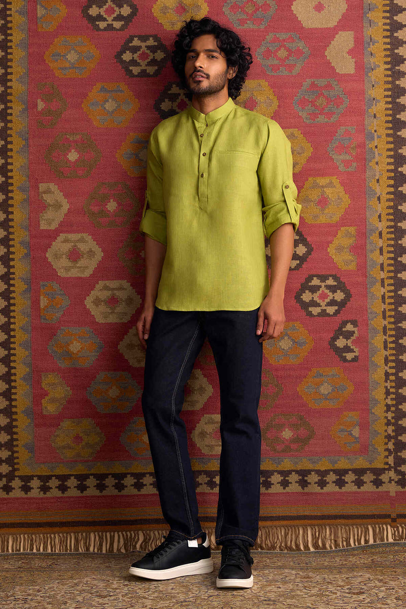 The Jevin Henna Green Linen Kurta