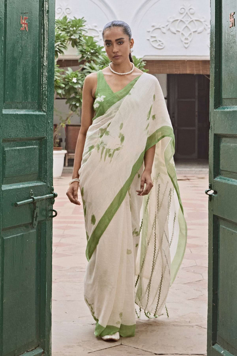 The Kalina Green Floral Handcrafted Linen Saree