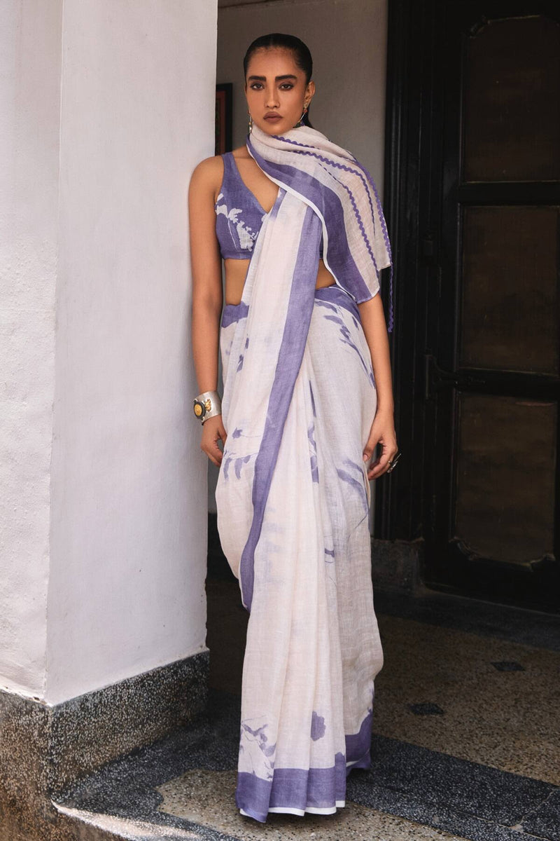 The Kalina Purple Floral Handcrafted Linen Saree