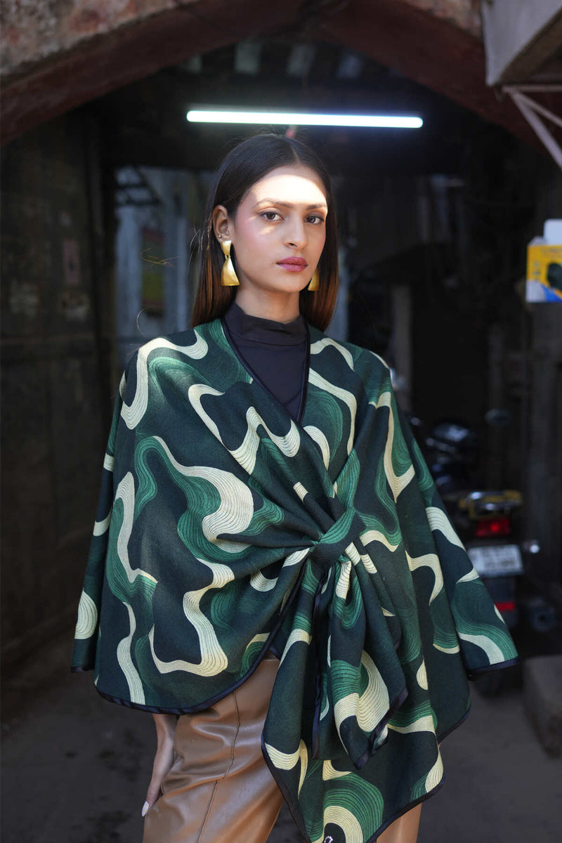 The Merino Veil Marble Green Pure Wool Wrap Cape