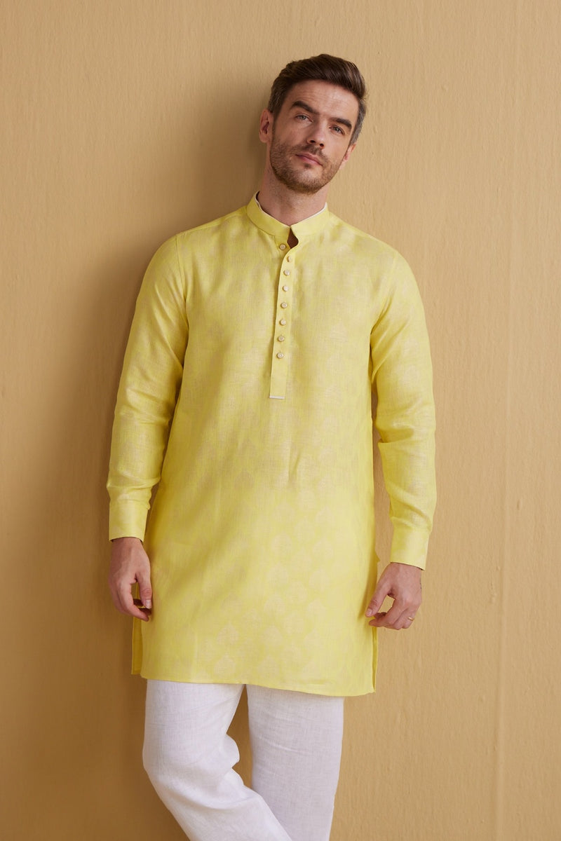 The Zeno Cyber Lime Linen Kurta