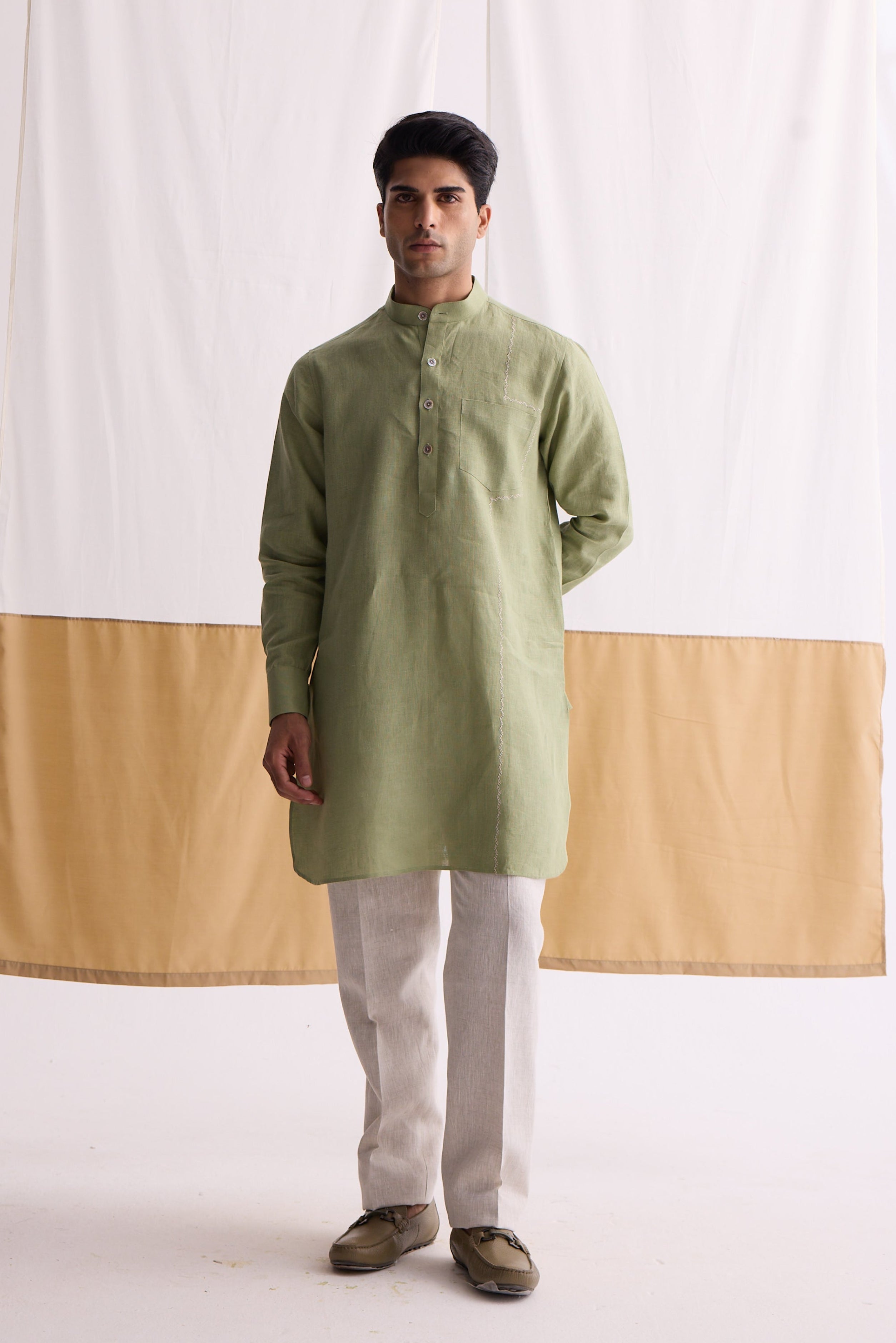 The Primoz Mint Green Linen Kurta