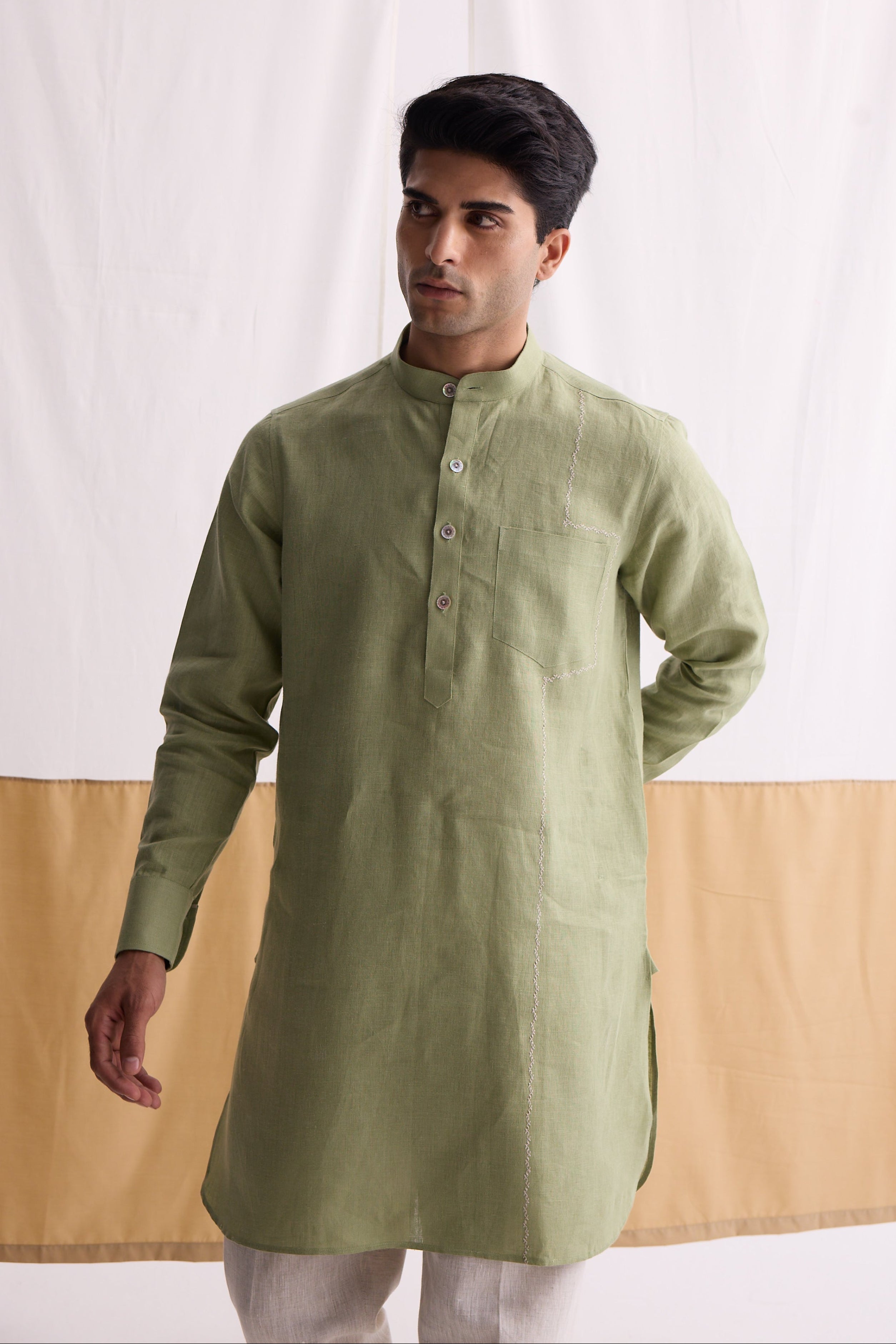 The Primoz Mint Green Linen Kurta