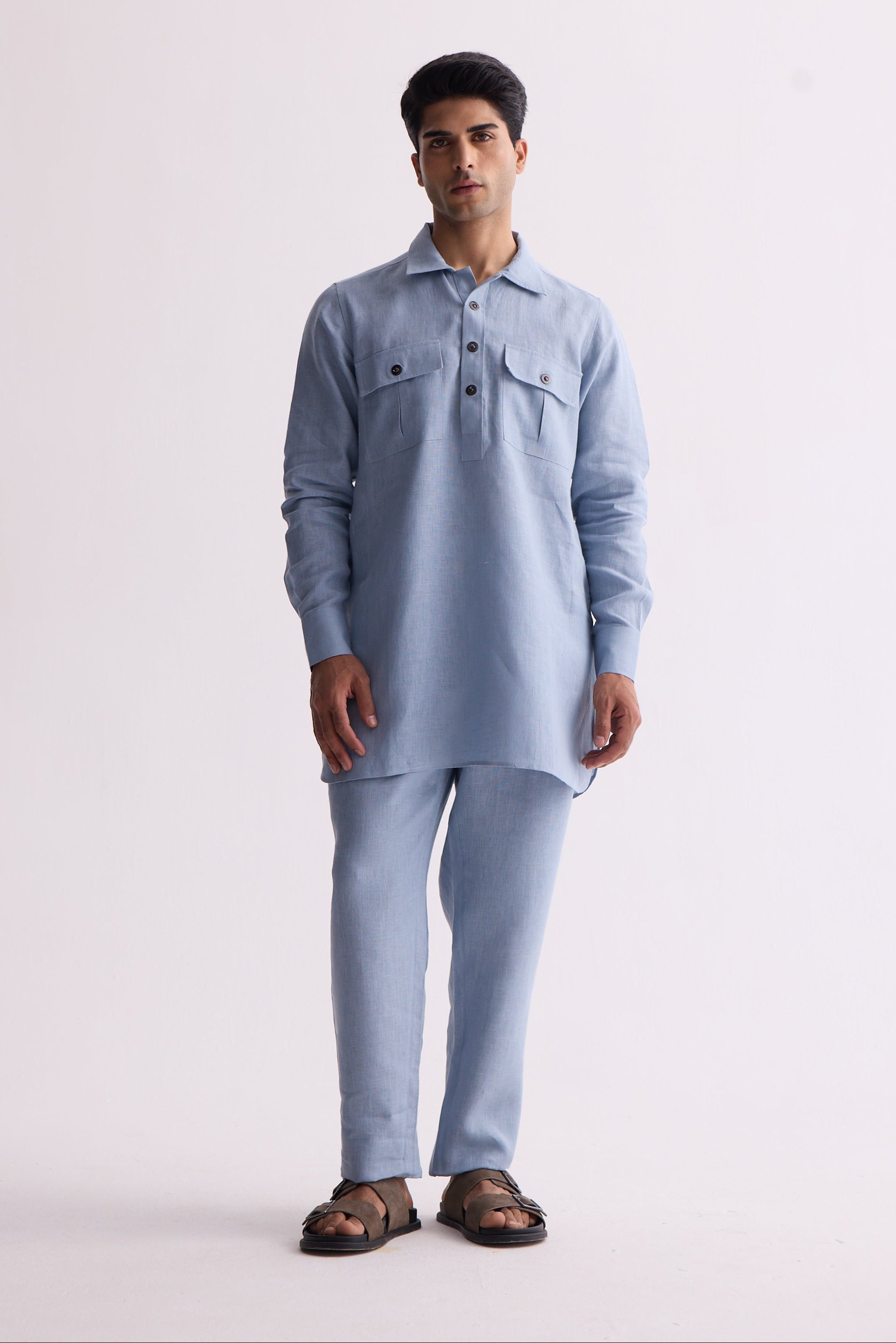 The Marzo Dusty Blue Linen Kurta
