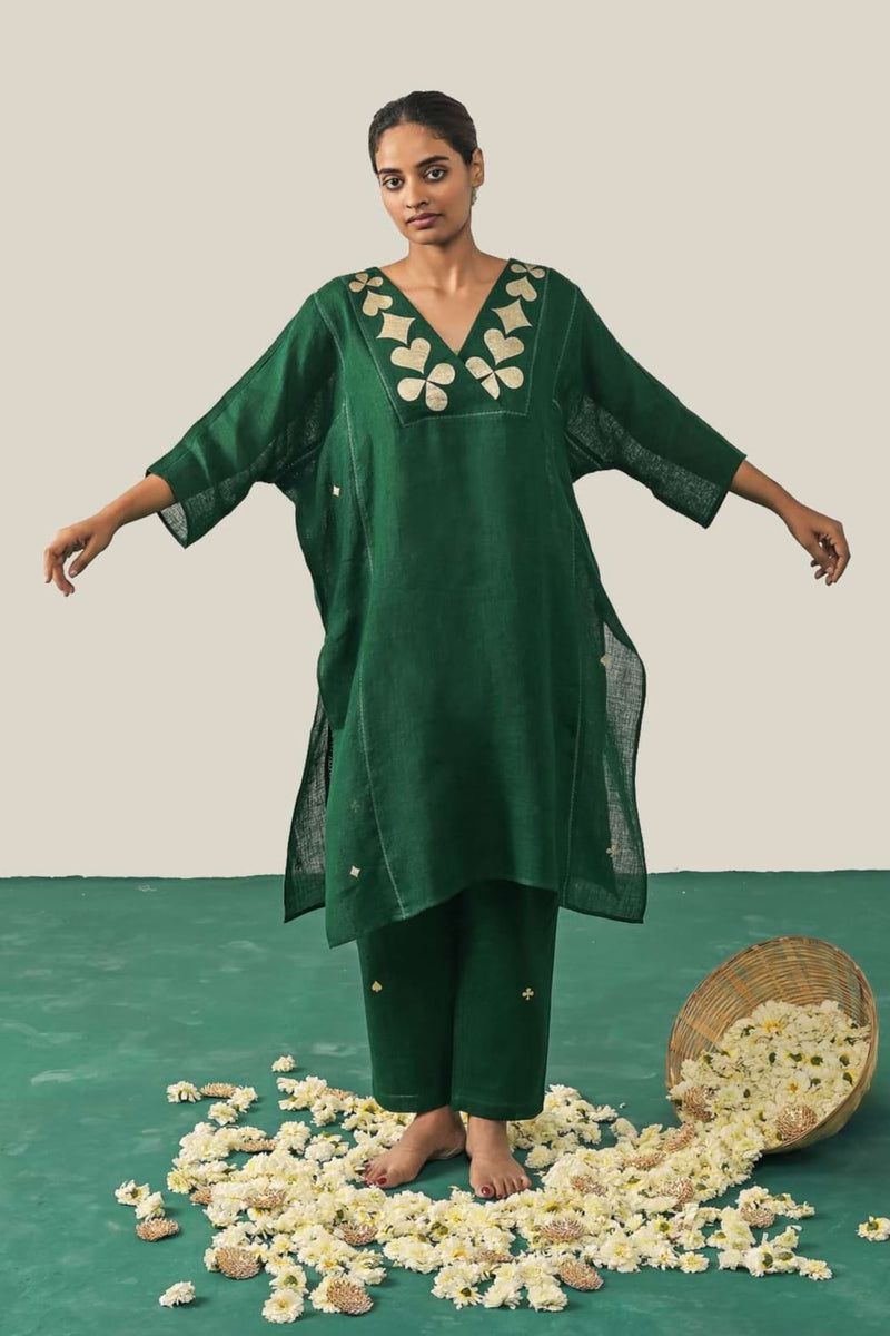 The Flush Femme Linen Kurta Set - Bottle Green