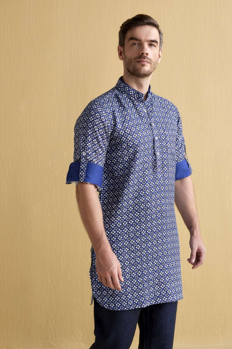 The Paz Indigo Printed Short Linen Kurta