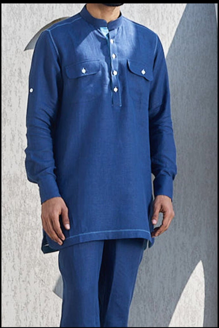 The Fursat Legacy Blue Linen Kurta